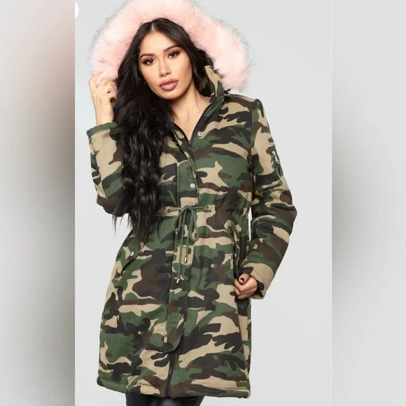 Camouflage Hooded Parka with Fur Trim - Picture 2 of 5
